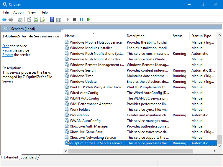 The Z-OptimiZr for File Servers Windows service